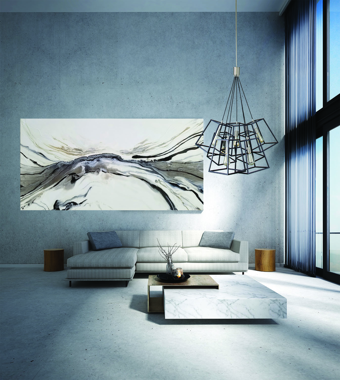 Luminaire suspendu iL 21920-H5 dans un salon lumineux chic moderne avec table en marbre et haut plafond