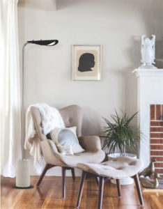 Floor lamp Modern LAYLA Hudson Valley HL157401-PN/BK in a living room near the fireplace and armchair