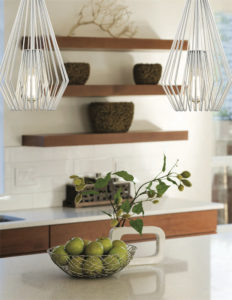 Pendant Lighting Transitional Modern QUINTUS Z-Lite 442MP-WH over kitchen counter with wooden shelves and basket of green apples