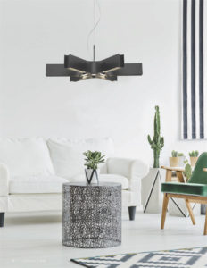 Pendant Lighting Transitional ARCANO Z-Lite 8002-24MB-LED in a living room above a leather white couch with table and cactus