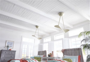 Ceiling fan KYTE 300254NI bove the beds in a seaside style bedroom with shutters and plants white