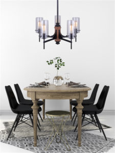 Pendant Lighting Modern ARLIE Canarm ICH710A05BKW over a wooden dining table with black chairs