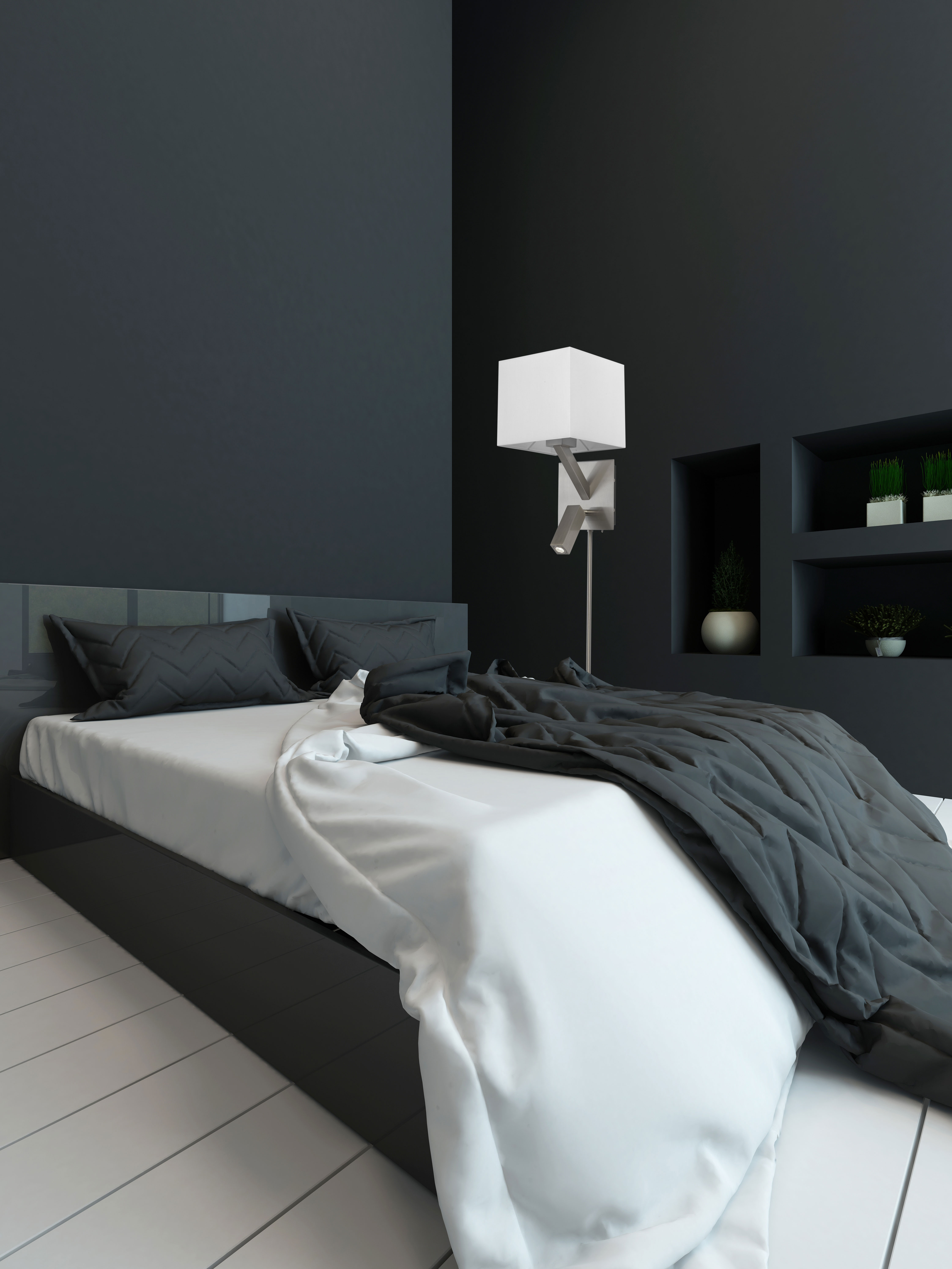 Wall Sconce Lighting / Reading Modern Dainolite DLED496-PC in a dark bedroom with black walls and white linens