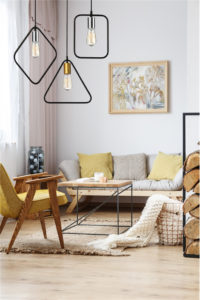 Pendant Lighting Modern Transitional GEOMETRIC Dainolite GMT-101P-MB-PC in a living room with yellow accents and wooden furniture