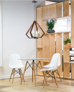 Pendant Lighting Modern Ulextra P560-4S-CM above a round table with white chairs and wood shelves