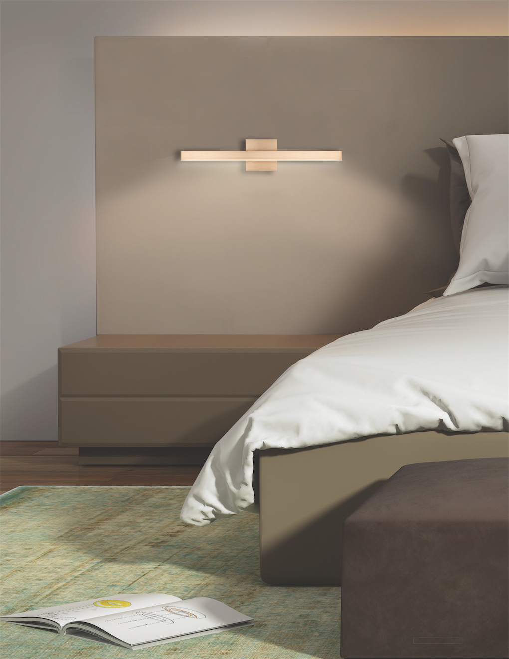 Wall Sconce Lighting Modern VEGA Kuzco VL10323-GD lit in the bedroom near the bed above the bedside table