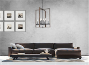 Luminaire suspendu transitionnel BLAIRMORE Dvi DVP30249GR-IW-CL dans le salon avec divan en cuir et mur de béton