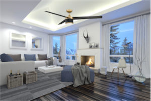 Ventilateur de plafond moderne Kendal AC22656-OC/BLK dans un salon moderne avec foyer