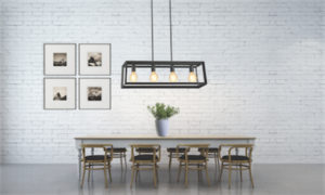 Pendant Lighting Contemporary TAYLOR Signature M & M 4224-66 above a black dining room wooden table with brick wall Whitehes