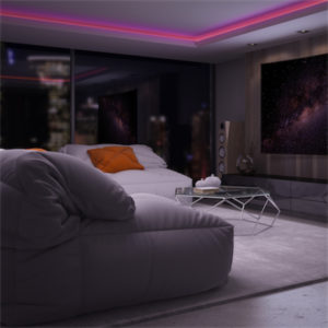 Flexible Tape LED RGBW TPK1M-RGBW-WIFI in a modern living room with pink lighting