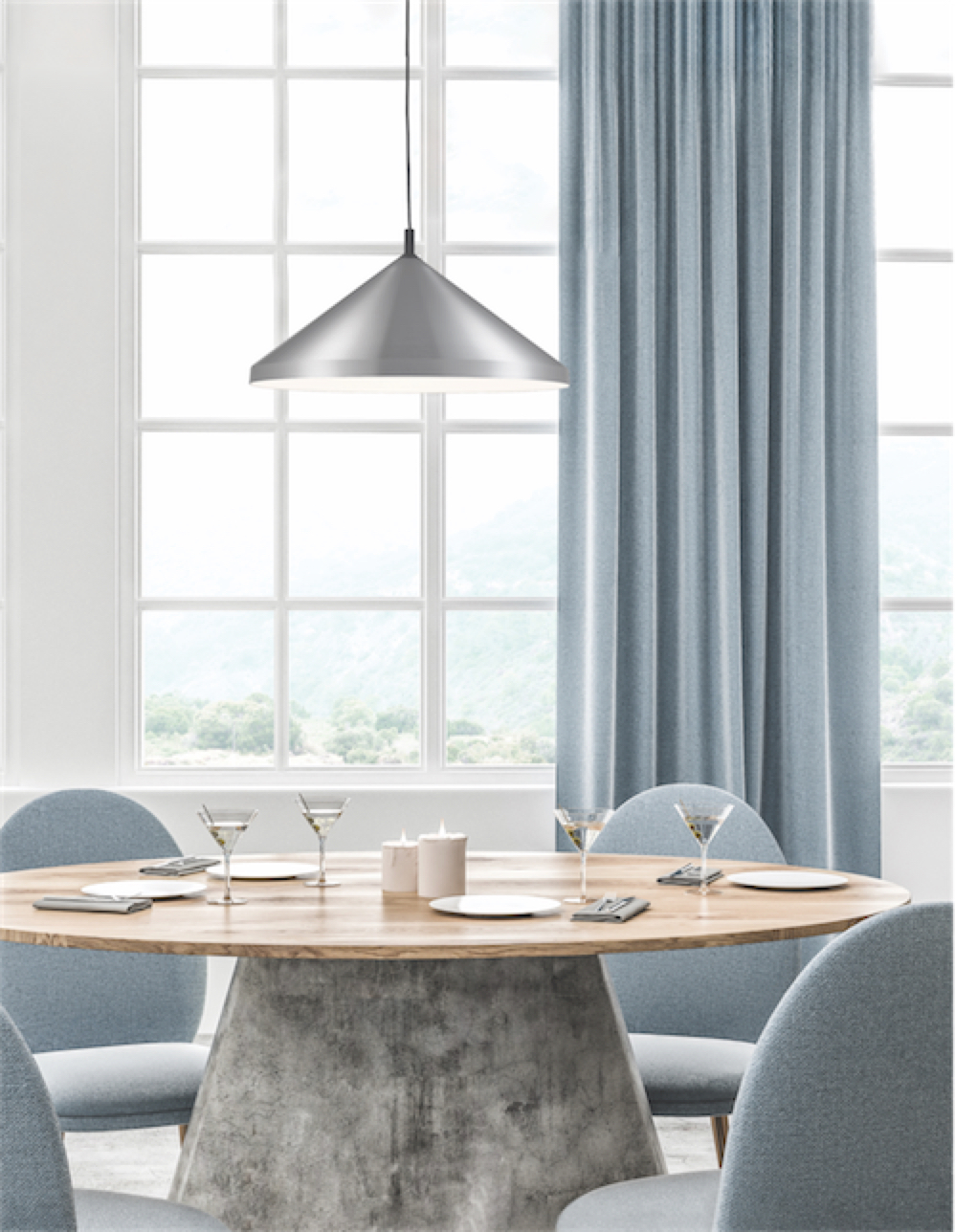 Luminaire suspendu DOROTHY 492824-BN/BK dans la salle à manger au-dessus de la table ronde en bois près de la fenêtre avec rideau gris