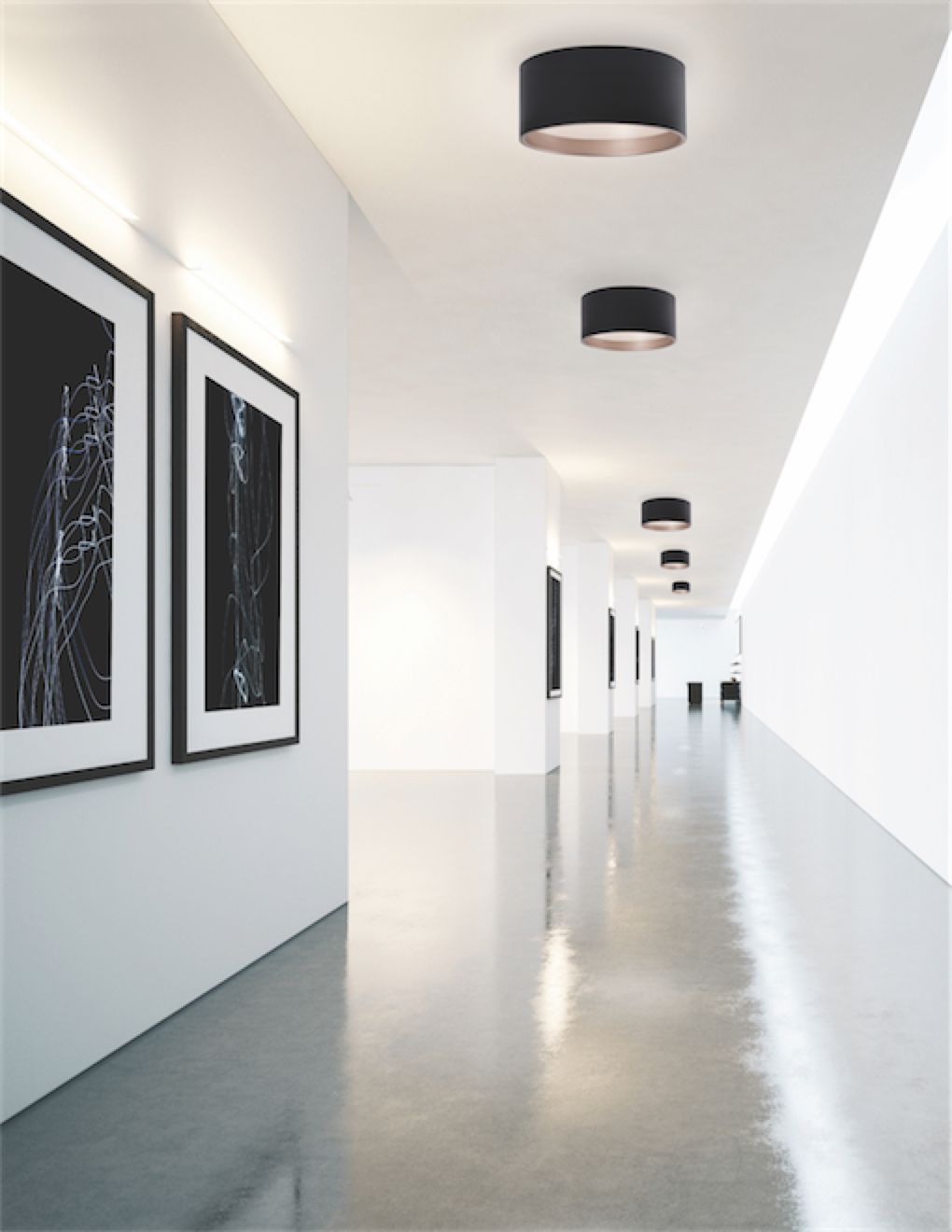 Luminaire encastré moderne MOUSINNI Kuzco fm11418-bk au plafond dans un couloir blanc avec tableaux style galerie d'art