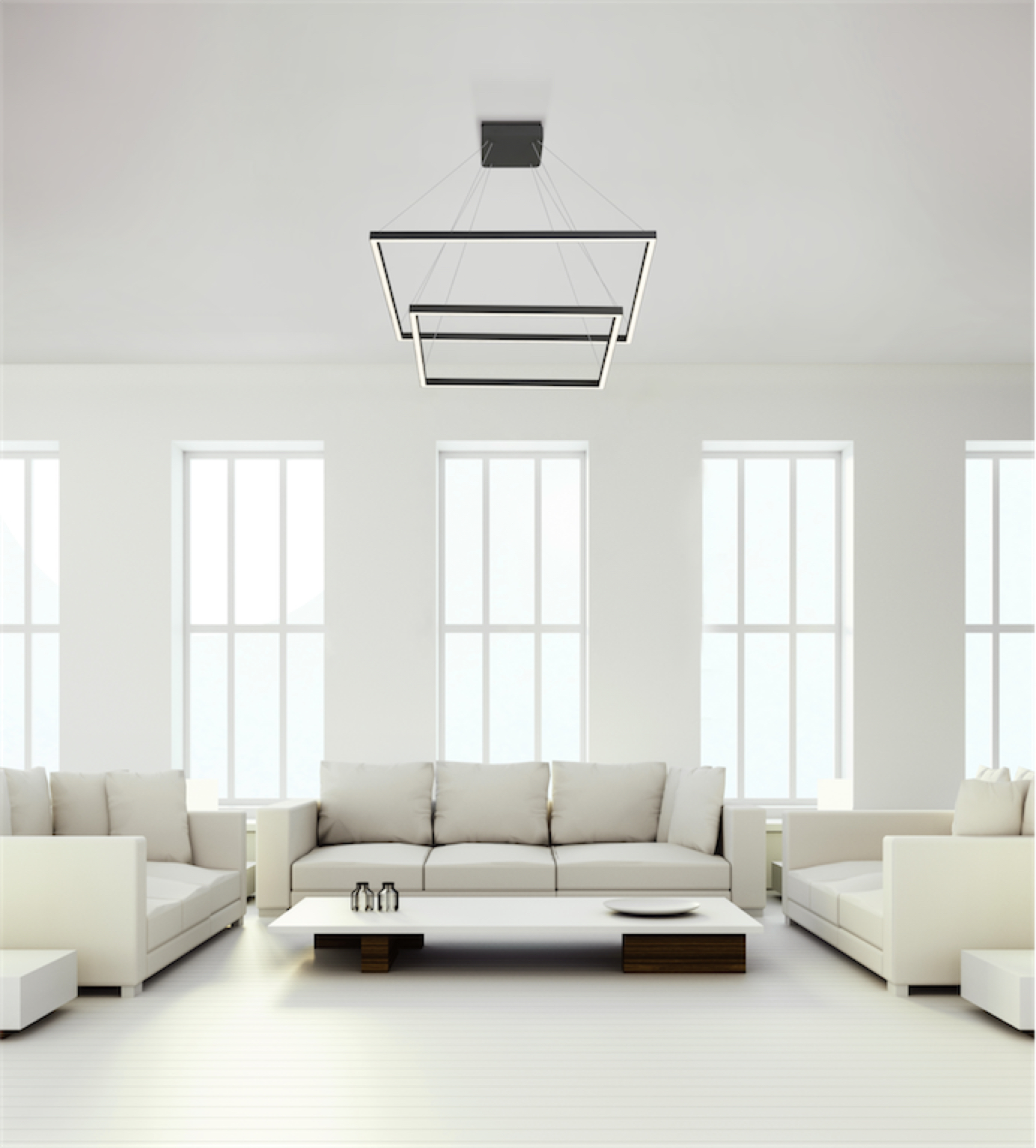 Luminaire suspendu moderne PIAZZA Kuzco CH85232-BK dans un salon blanc avec haut plafond et grandes fenêtres