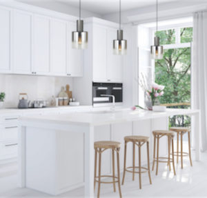 Modern pendant HENLEY Artcraft AC11520SM above the white kitchen island with wooden stools