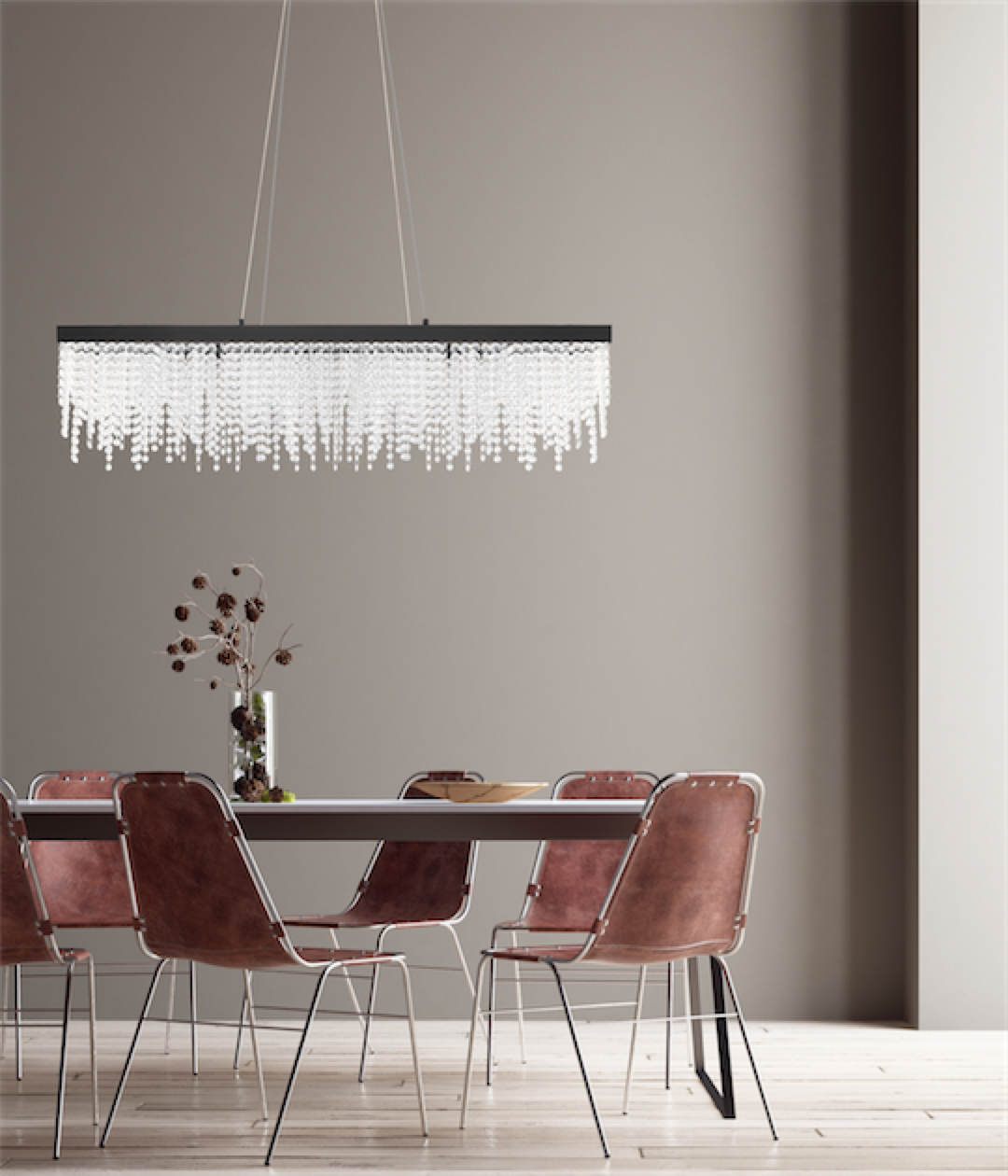 Luminaire suspendu moderne ANTELAO Eglo 204357A au-dessus de la table de salle à manger avec chaises en cuir