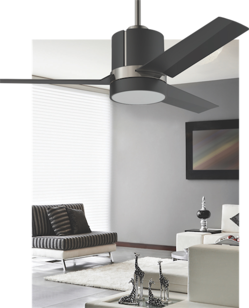 Ventilateur de plafond moderne TRINITY Kendal AC24144-BLK-SN dans le salon avec mobilier chic et accessoires girafes