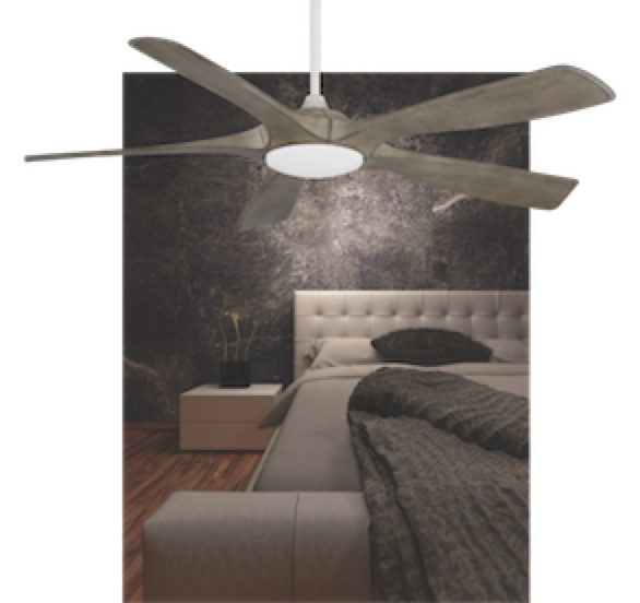 Ventilateur de plafond moderne MISTRAL Kendal AC23856-SN-GWO dans la chambre à coucher au-dessus du lit.
