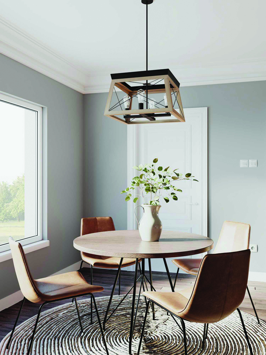 Luminaire suspendu rustique traditionnel BRIARWOOD Progress P400047-020 dans la cuisine au-dessus de la table de salle à manger en bois avec chaises en cuir près de la fenêtre
