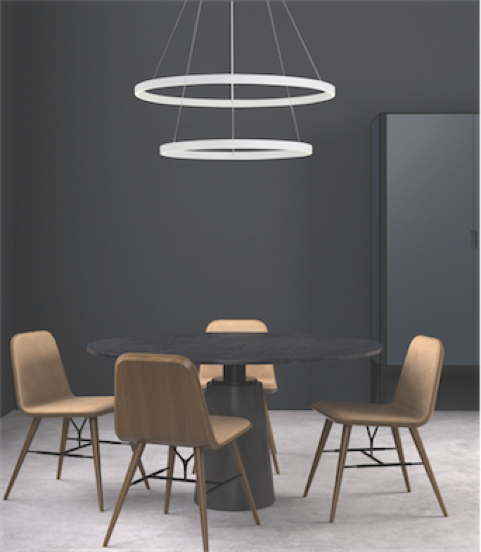 Luminaire suspendu moderne CERCHIO Kuzco PD86118-WH dans la cuisine au-dessus de la table ronde avec chaises en bois et murs noirs