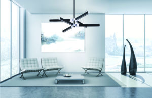 Luminaire suspendu moderne Kendal PF196-BLK-CH dans le salon avec fauteuil Barcelona blanc