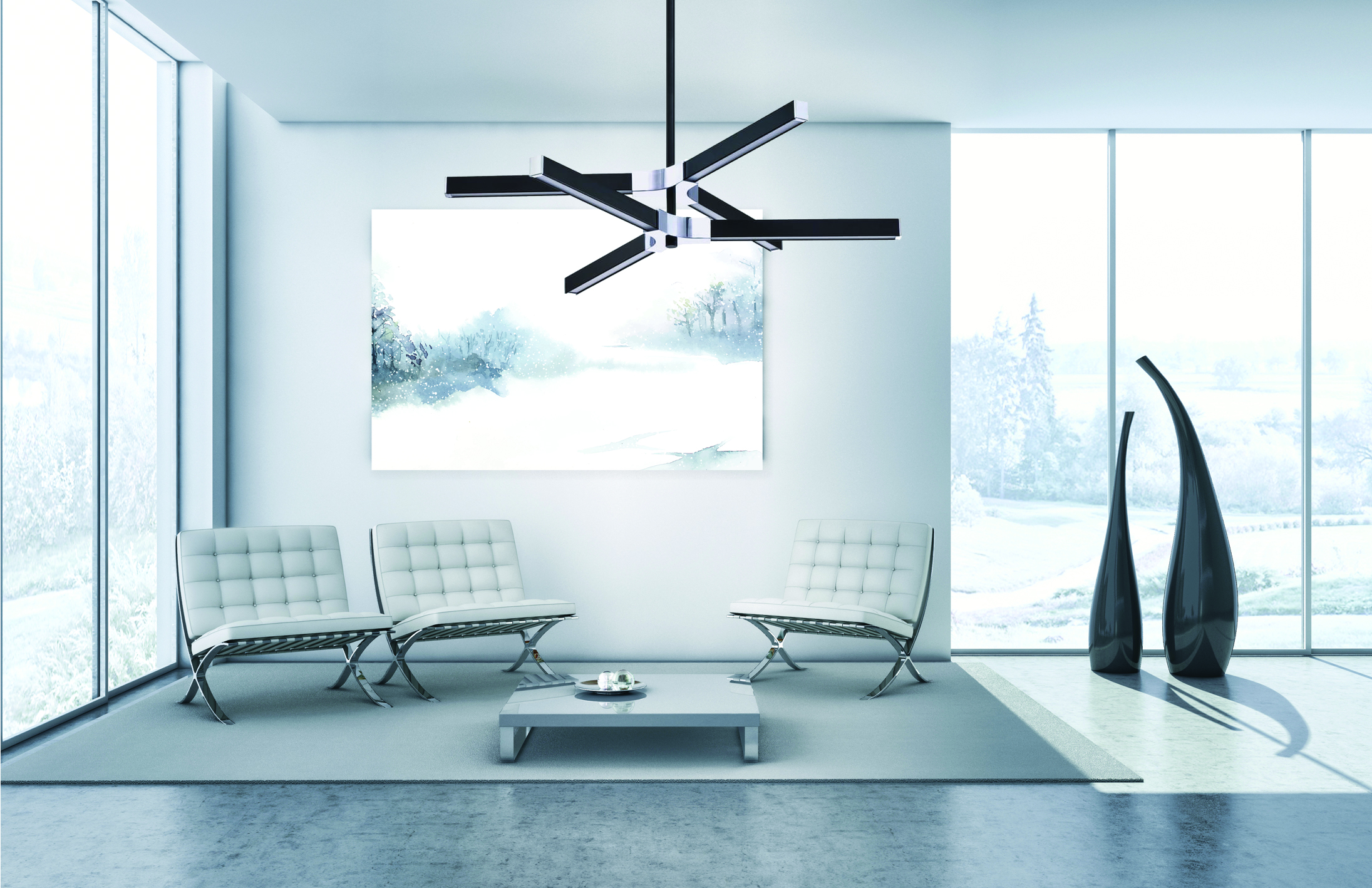 Luminaire suspendu moderne Kendal PF196-BLK-CH dans le salon avec fauteuil Barcelona blanc