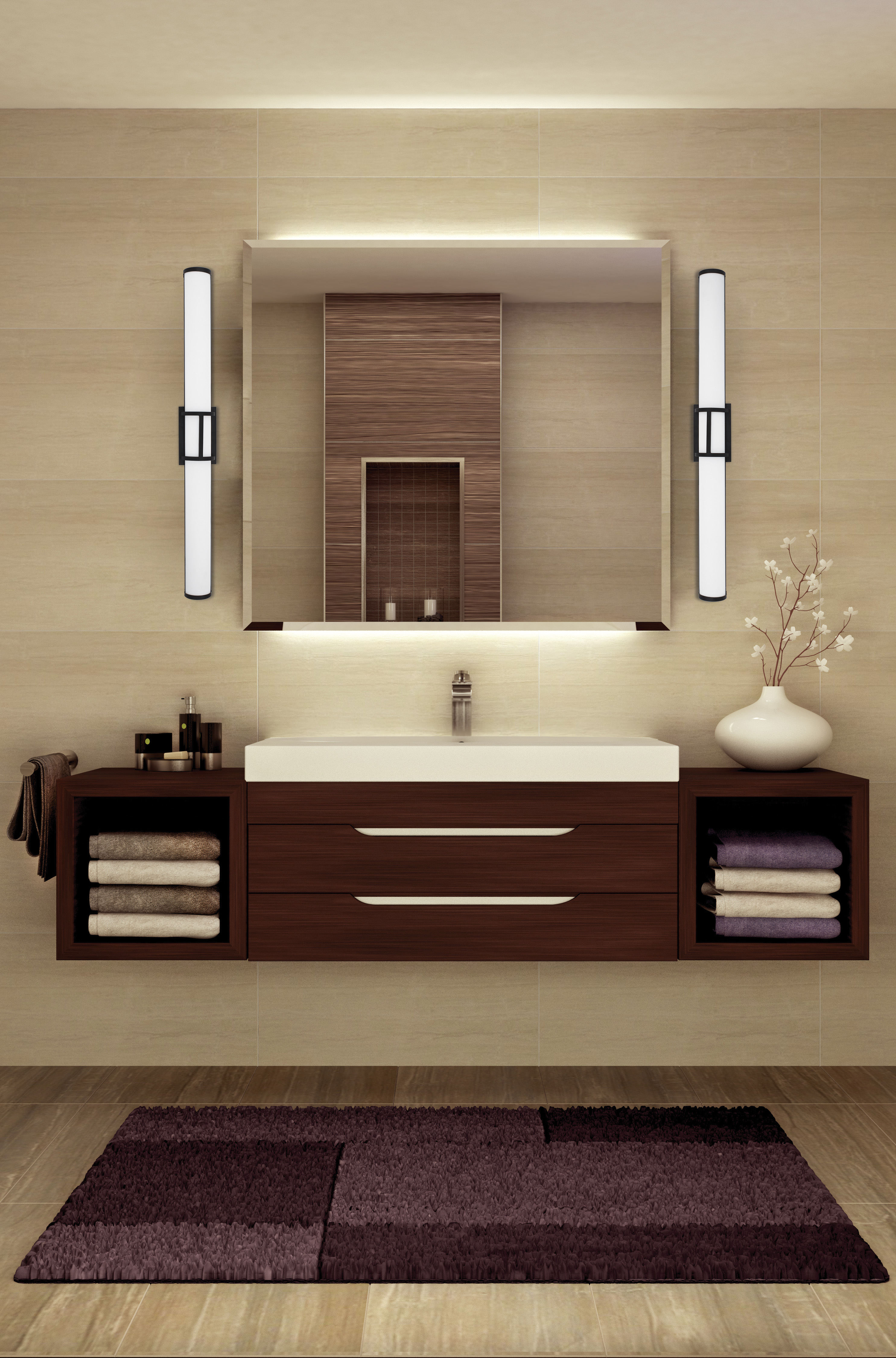Modern wall sconce RAMARO Eglo 204133A in the bathroom above the wooden vanity with towels and flowerpot