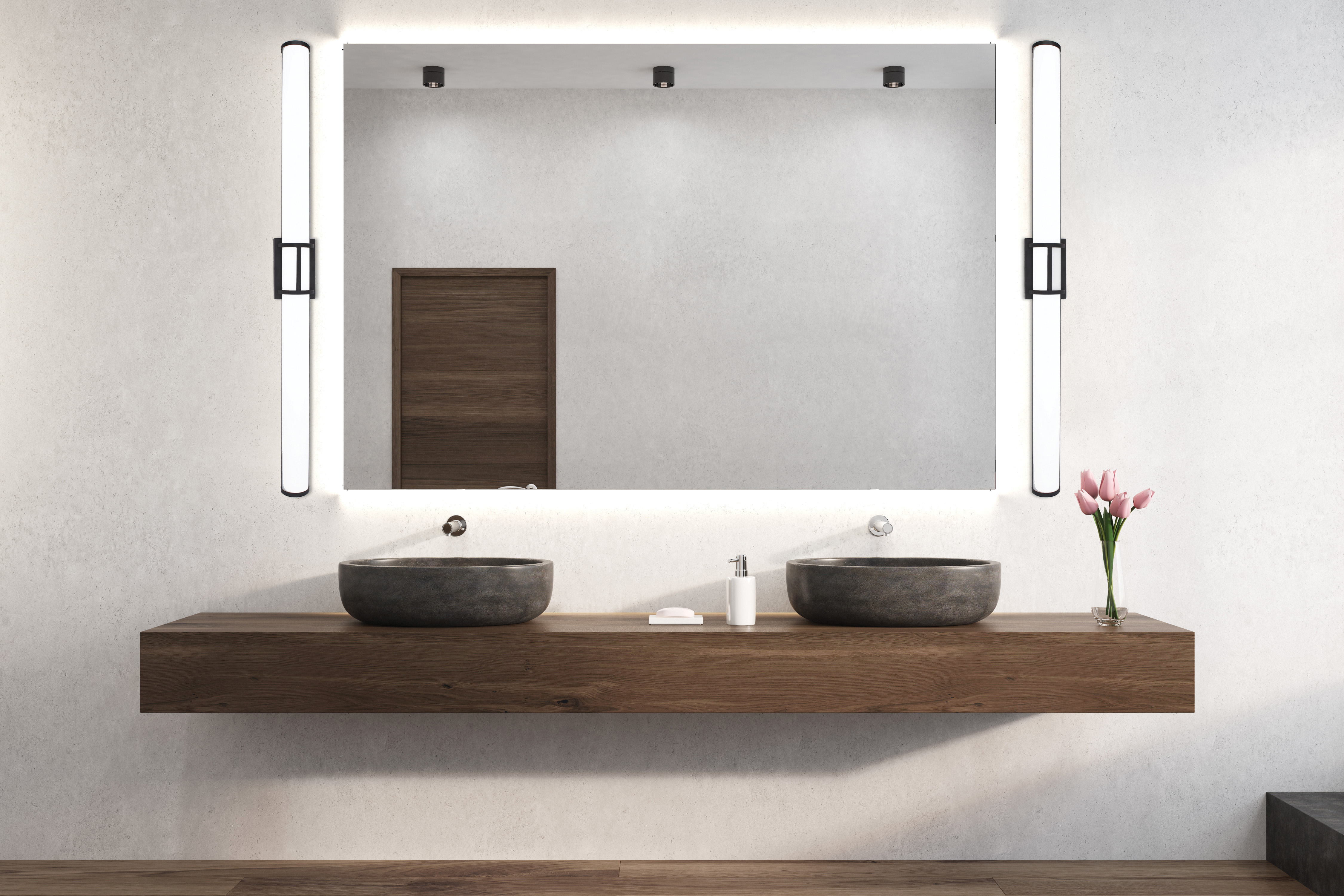 Modern wall sconce RAMARO Eglo 204135A in the bathroom with wooden vanity