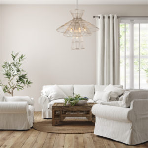 Luminaire suspendu moderne ALITO Z-Lite 6015-6PN dans le salon avec divan blanc table en bois