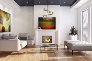 Luminaire suspendu moderne CALUMET Z-Lite 814-5MB-OBR dans le salon près du foyer avec divan gris