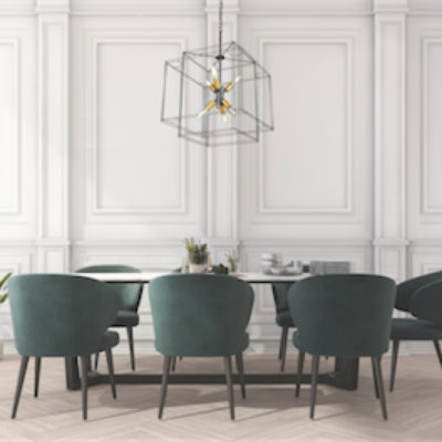 Modern pendant ARTISAN Artcraft AC11738BK above the dining room table with green velvet chairs and white coffered walls.