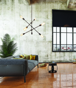 Luminaire suspendu DEL moderne iL 014-6001-BK dans le salon style industriel loft avec mur de béton et grande fenêtre