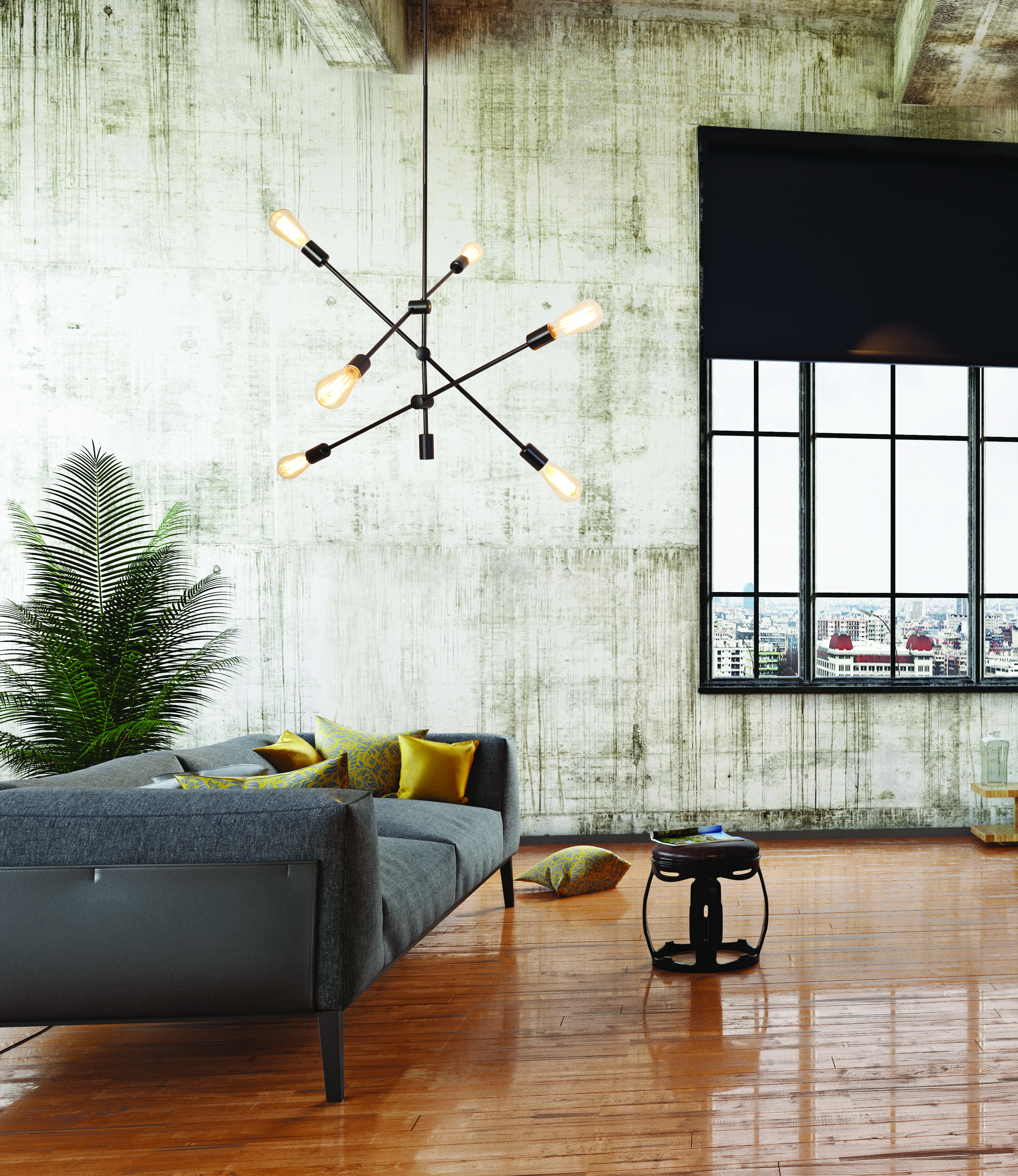 LED Modern pendant lighting iL 014-6001-BK above a drawing table in an artist's studio with floral canvass and concrete walls