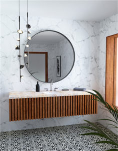 Luminaire suspendu moderne GEODE Kuzco PD50852-BK dans la salle de bain près du lavabo et du miroir rond noir